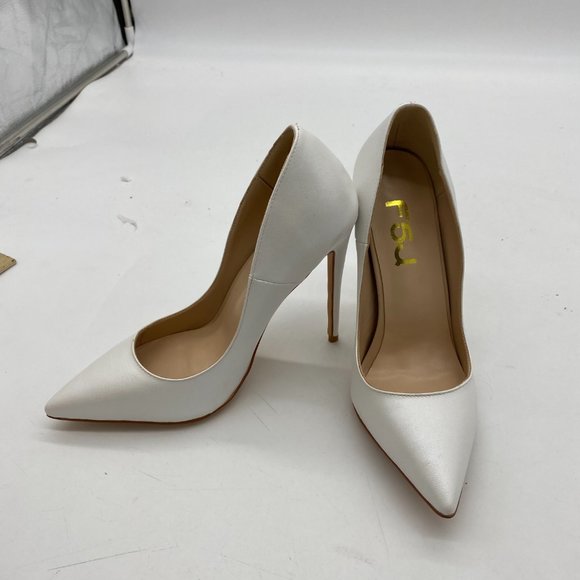 FSJ White Formal Pointed Toe High Heel Pumps Evening Dress Shoes - Picture 3 of 9